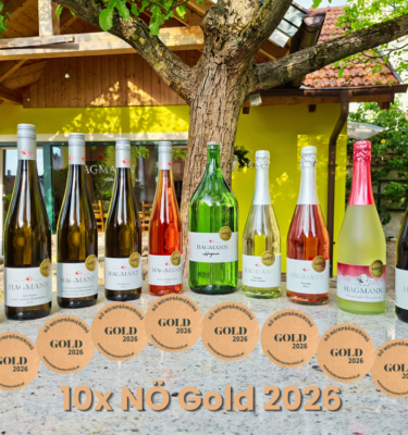 10x Niederösterreich Gold 2026, 10 Flaschen Wein und Frizzante auf einem Fass im Winzerhof
